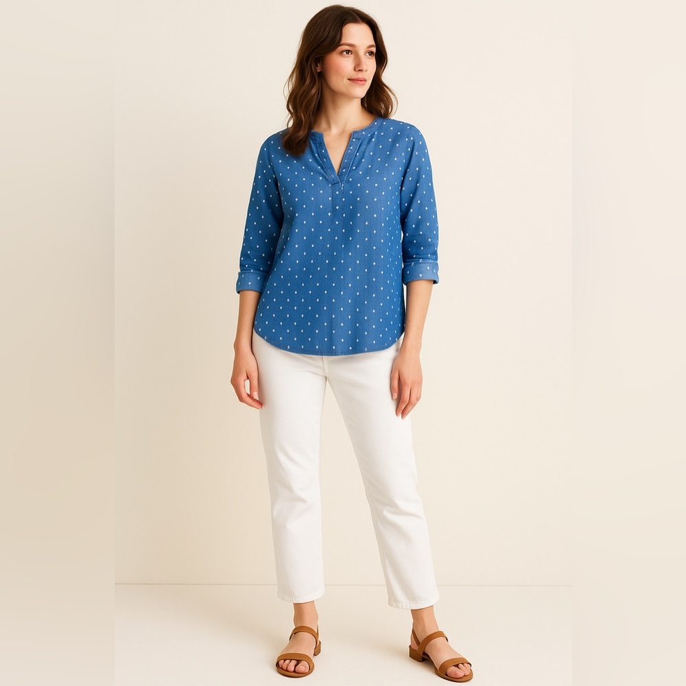 Chico’s Chambray Polka Dot 100% Cotton Split Neck Top Size 1 (M/L)